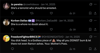 A tweet referencing a photo of Nova survivor Noa Argamani with Post Malone after her release, followed by replies containing sexual slurs, accusations of terrorism, and calls for violence — illustrating targeted personal harassment of a named survivor.