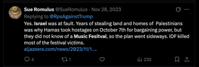 A tweet from November 2023 claiming the IDF killed most festival victims while Hamas was attempting to take hostages - an example of systematically shifting responsibility from Hamas to Israel.