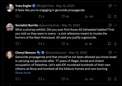 A thread of replies to a Nova exhibition post containing Holocaust distortion, denial of beheaded babies, and accusations of Israeli genocide — demonstrating the pattern of hate that surrounds any attempt to document or commemorate the massacre.