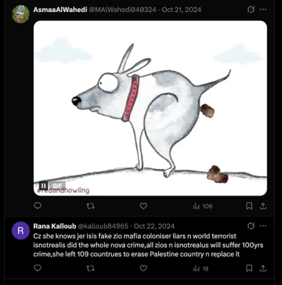 A tweet containing a crude antisemitic attack targeting a survivor by name, labeling her a "Zionist" and a "mafia member"