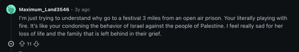 A Reddit reply blaming the victims for attending an event on "stolen land"