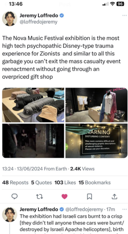 A viral tweet cynically describing the Nova exhibition as a "high-tech psychopathic Disney-type trauma experience for Zionists" — illustrating how even commemorative efforts become targets for organized online hatred.