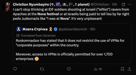 A tweet describing Nova survivors as paid liars and implying that an IDF Apache helicopter was responsible for the casualties, a direct illustration of the "Apache myth" narrative referenced in this section.