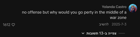 TikTok comments blaming festival-goers for choosing to celebrate "near an open-air prison" or on "occupied territory" - demonstrating the scale of victim-blaming content on the TikTok platform.