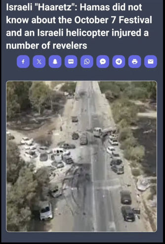 An Instagram post presenting a manipulative headline attributed to Haaretz, claiming "Hamas didn't know about the festival and an Israeli helicopter injured revelers" — accompanied by a drone image of burned vehicles on the escape road.